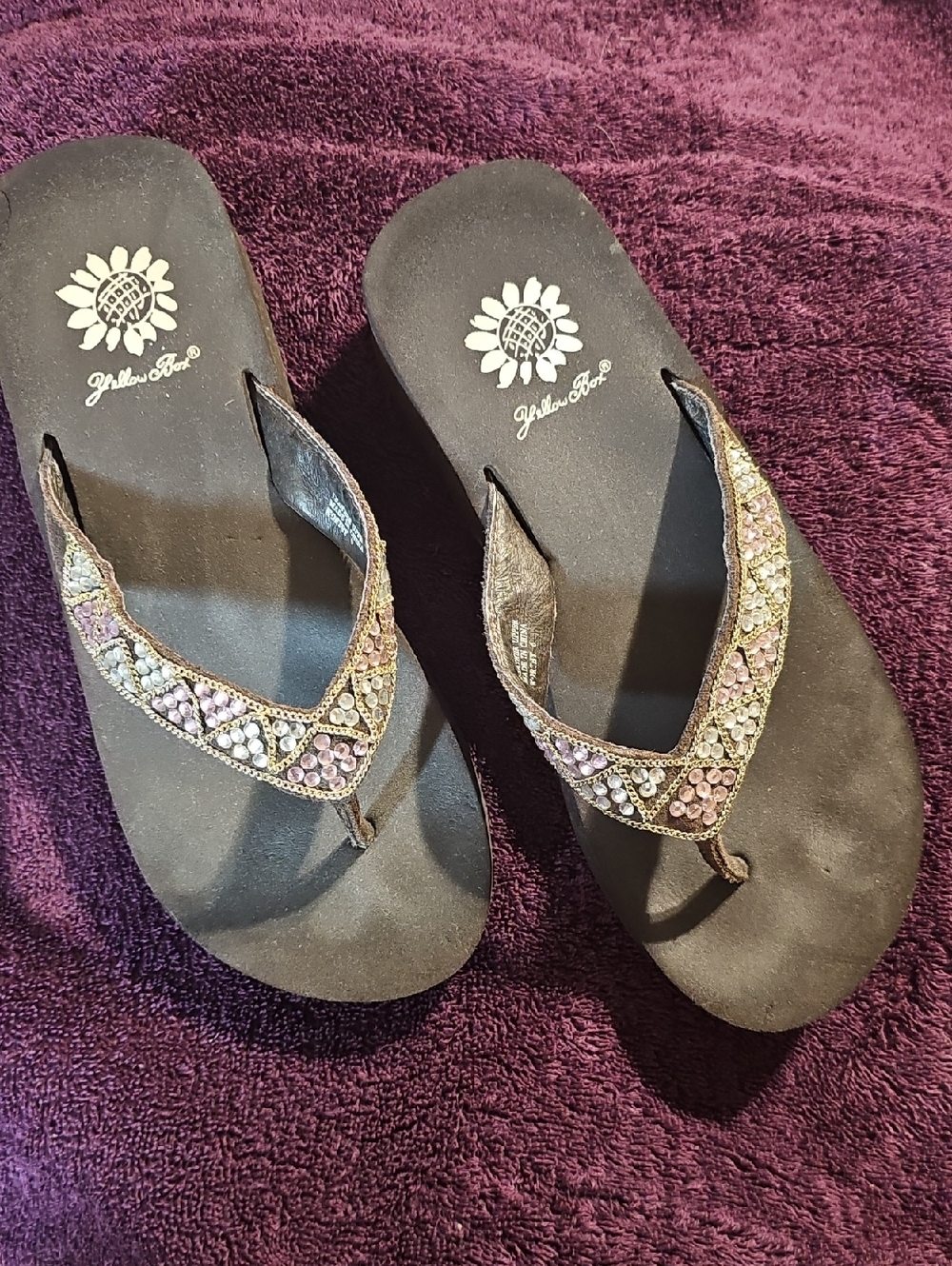 Yellow Box Black Sandal Thong with Purple and Gold Beaded Straps